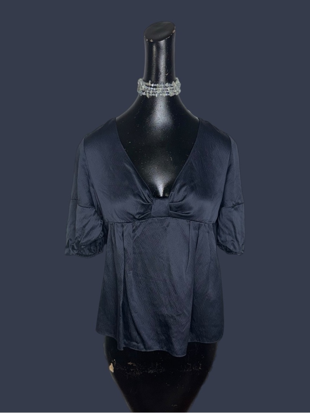 Club Monaco Silk Navy V-Neck Babydoll Top
